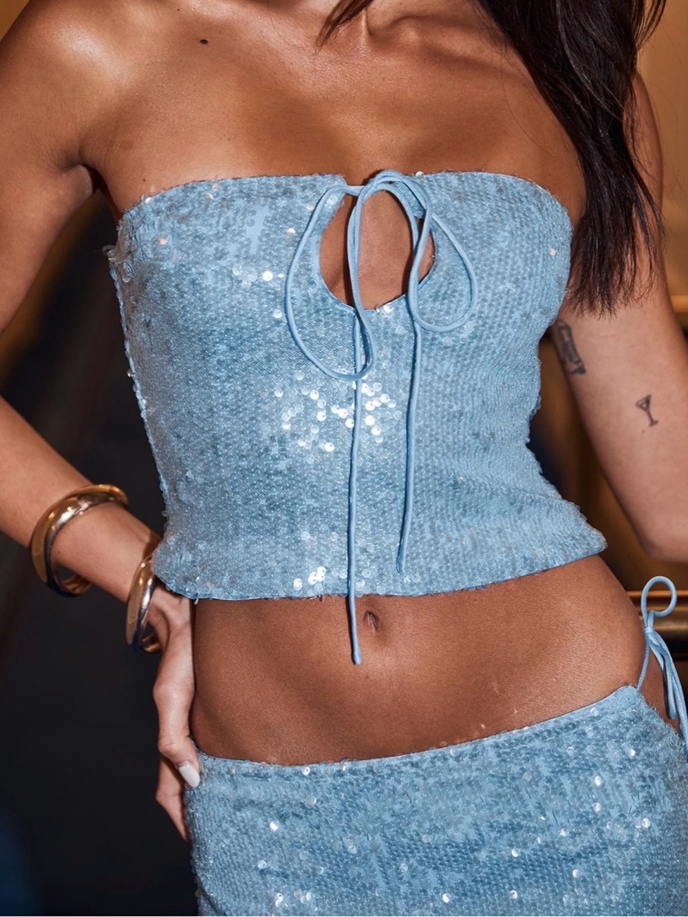 Princess Polly Light Blue Sequin Strapless Crop Top